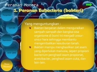 Peranan Monera
Pengertian
Peran
Monera
Ciri-ciri
Jenis - jenis
Reproduksi
Yang menguntungkan :
Bakteri berperan dalam menguraikan
sampah-sampah dan bangkai sisa
organisme di bumi ini menjadi unsur-
unsur hara sehingga membantu
mengembalikan kesuburan tanah.
Bakteri mampu menghasilkan zat asam
yang diperlukan manusia, seperi propioni
bacterium penghasil asam propionat,
acetobacter, penghasil asam cuka, dan
lain-lain.
 