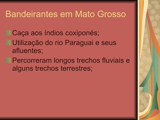 Bandeirantes em Mato Grosso Caça aos índios coxiponés; Utilização do rio Paraguai e seus afluentes; Percorreram longos trechos fluviais e alguns trechos terrestres; 