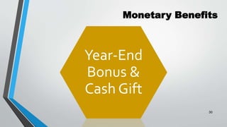 Monetary Benefits
Year-End
Bonus &
Cash Gift
30
 