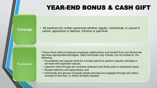 YEAR-END BONUS & CASH GIFT
•
32
• All positions for civilian personnel whether regular, contractual, or casual in
nature, appointive or elective, full-time or part-time
Coverage
• Those hired without employer-employee relationships and funded from non-Personnel
Services appropriations/budgets. Said individuals may include, but not limited to, the
following:
• Consultants and experts hired for a limited period to perform specific activities or
services with expected outputs;
• Laborers hired through job contracts (pakyaw) and those paid on piecework basis;
• Student laborers and apprentices; and
• Individuals and groups of people whose services are engaged through job orders,
contract of services, or others similarly situated.
Exclusions
 