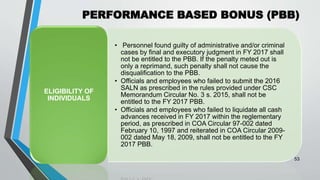 PERFORMANCE BASED BONUS (PBB)
•
53
• Personnel found guilty of administrative and/or criminal
cases by final and executory judgment in FY 2017 shall
not be entitled to the PBB. If the penalty meted out is
only a reprimand, such penalty shall not cause the
disqualification to the PBB.
• Officials and employees who failed to submit the 2016
SALN as prescribed in the rules provided under CSC
Memorandum Circular No. 3 s. 2015, shall not be
entitled to the FY 2017 PBB.
• Officials and employees who failed to liquidate all cash
advances received in FY 2017 within the reglementary
period, as prescribed in COA Circular 97-002 dated
February 10, 1997 and reiterated in COA Circular 2009-
002 dated May 18, 2009, shall not be entitled to the FY
2017 PBB.
ELIGIBILITY OF
INDIVIDUALS
 