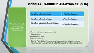 SPECIAL HARDSHIP ALLOWANCE (SHA)
•
64
• Wherein: the learning levels refer to:
• Basic Literacy
• Elementary Level
• Secondary Level
• Special Projects, i.e., income-generating projects; projects involving
hearing impaired, informal education for parents or indigenous people.
Mobile teachers &
Non-formal
Education or ALS
Coordinators
Handling 1 learning level 15% of basic salary
Handling 2 learning levels 20% of basic salary
Handling 3 or more learning levels
25% of basic salary
 