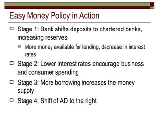 Easy Money Policy in Action Stage 1: Bank shifts deposits to chartered banks, increasing reserves More money available for lending, decrease in interest rates Stage 2: Lower interest rates encourage business and consumer spending Stage 3: More borrowing increases the money supply Stage 4: Shift of AD to the right 
