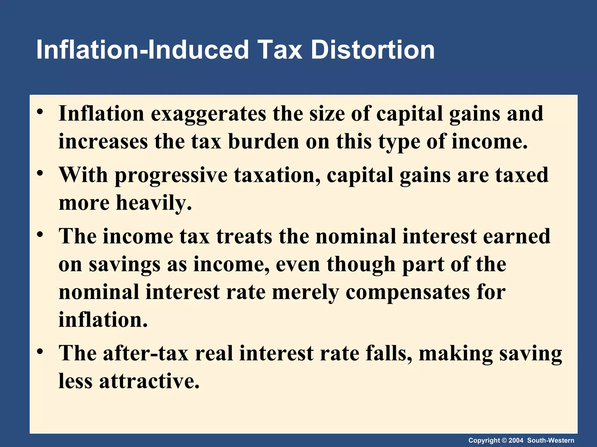 Inflation-Induced Tax Distortion Inflation exaggerates the size of capital gains and increases the tax burden on this type of income.  With progressive taxation, capital gains are taxed more heavily. The income tax treats the nominal interest earned on savings as income, even though part of the nominal interest rate merely compensates for inflation.  The after-tax real interest rate falls, making saving less attractive. 