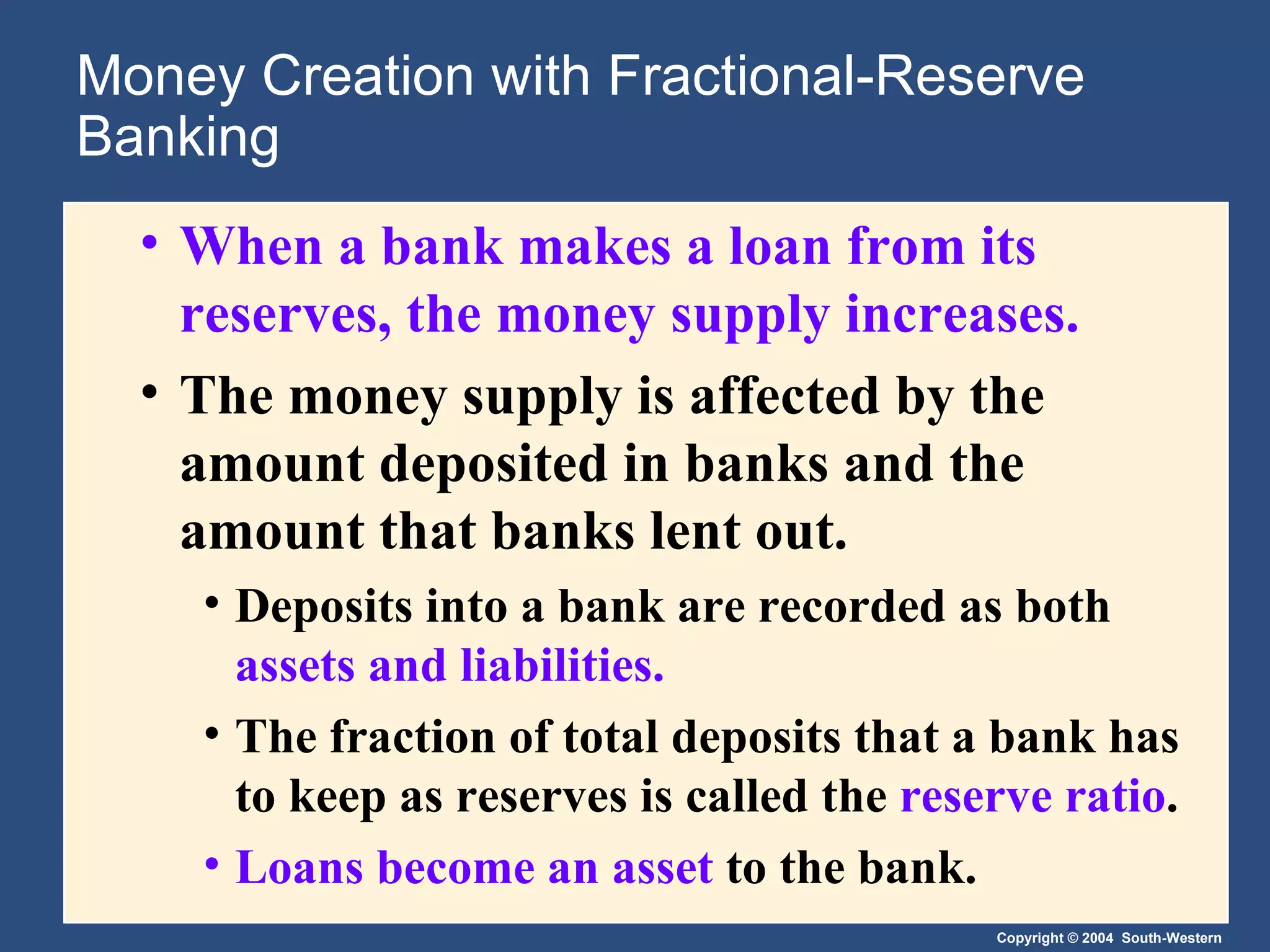 Money Creation with Fractional-Reserve Banking When a bank makes a loan from its reserves, the money supply increases. The money supply is affected by the amount deposited in banks and the amount that banks lent out. Deposits into a bank are recorded as both  assets and liabilities. The fraction of total deposits that a bank has to keep as reserves is called the  reserve ratio . Loans become an asset  to the bank. 