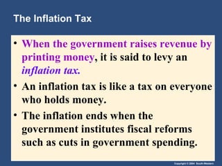 The Inflation Tax When the government raises revenue by printing money , it is said to levy an  inflation tax. An inflation tax is like a tax on everyone who holds money. The inflation ends when the government institutes fiscal reforms such as cuts in government spending. 