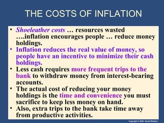 THE COSTS OF INFLATION Shoeleather costs   … resources wasted ….inflation encourages people … reduce money holdings. Inflation reduces the real value of money, so people have an incentive to minimize their cash holdings. Less cash requires  more frequent trips to the bank  to withdraw money from interest-bearing accounts. The actual cost of reducing your money holdings is the  time and convenience  you must sacrifice to keep less money on hand. Also, extra trips to the bank take time away from productive activities. 
