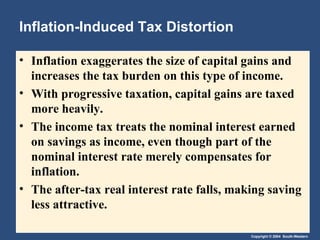 Inflation-Induced Tax Distortion Inflation exaggerates the size of capital gains and increases the tax burden on this type of income.  With progressive taxation, capital gains are taxed more heavily. The income tax treats the nominal interest earned on savings as income, even though part of the nominal interest rate merely compensates for inflation.  The after-tax real interest rate falls, making saving less attractive. 