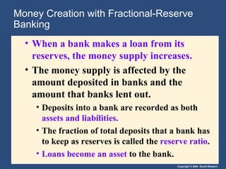 Money Creation with Fractional-Reserve Banking When a bank makes a loan from its reserves, the money supply increases. The money supply is affected by the amount deposited in banks and the amount that banks lent out. Deposits into a bank are recorded as both  assets and liabilities. The fraction of total deposits that a bank has to keep as reserves is called the  reserve ratio . Loans become an asset  to the bank. 