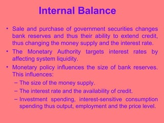 Internal Balance Sale and purchase of government securities changes bank reserves and thus their ability to extend credit, thus changing the money supply and the interest rate. The Monetary Authority targets interest rates by affecting system liquidity. Monetary policy influences the size of bank reserves. This influences: The size of the money supply. The interest rate and the availability of credit. Investment spending, interest-sensitive consumption spending thus output, employment and the price level. 