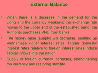 External Balance When there is a decrease in the demand for the Dong and the currency weakens; the exchange rate moves to the upper end of the established band, the Authority purchases VND from banks.  The money base (supply) will decrease, pushing up Vietnamese dollar interest rates. Higher domestic interest rates relative to foreign interest rates induce capital inflows into the nation. Supply of foreign currency increases, strengthening the currency and restoring stability. 