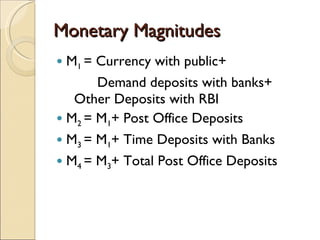 Monetary Magnitudes M 1  = Currency with public+    Demand deposits with banks+    Other Deposits with RBI M 2  = M 1 + Post Office Deposits M 3  = M 1 + Time Deposits with Banks M 4  = M 3 + Total Post Office Deposits 