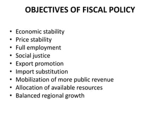 OBJECTIVES OF FISCAL POLICY

•   Economic stability
•   Price stability
•   Full employment
•   Social justice
•   Export promotion
•   Import substitution
•   Mobilization of more public revenue
•   Allocation of available resources
•   Balanced regional growth
 