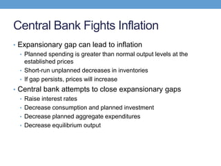 Central Bank Fights Inflation
• Expansionary gap can lead to inflation
• Planned spending is greater than normal output levels at the
established prices
• Short-run unplanned decreases in inventories
• If gap persists, prices will increase
• Central bank attempts to close expansionary gaps
• Raise interest rates
• Decrease consumption and planned investment
• Decrease planned aggregate expenditures
• Decrease equilibrium output
 