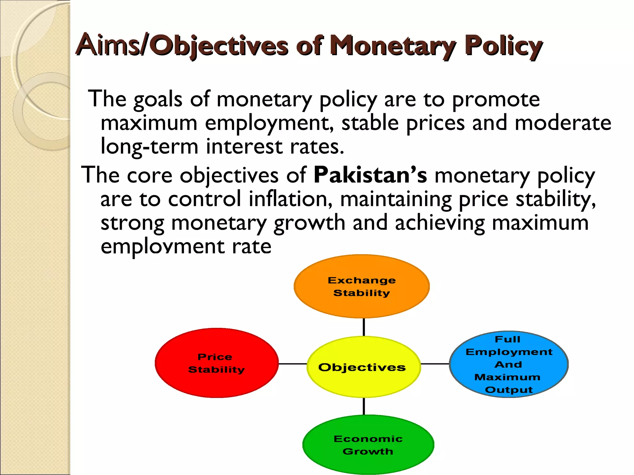 Aims/Aims/Objectives of Monetary PolicyObjectives of Monetary Policy
The goals of monetary policy are to promote
maximum employment, stable prices and moderate
long-term interest rates.
The core objectives of Pakistan’s monetary policy
are to control inflation, maintaining price stability,
strong monetary growth and achieving maximum
employment rate
 