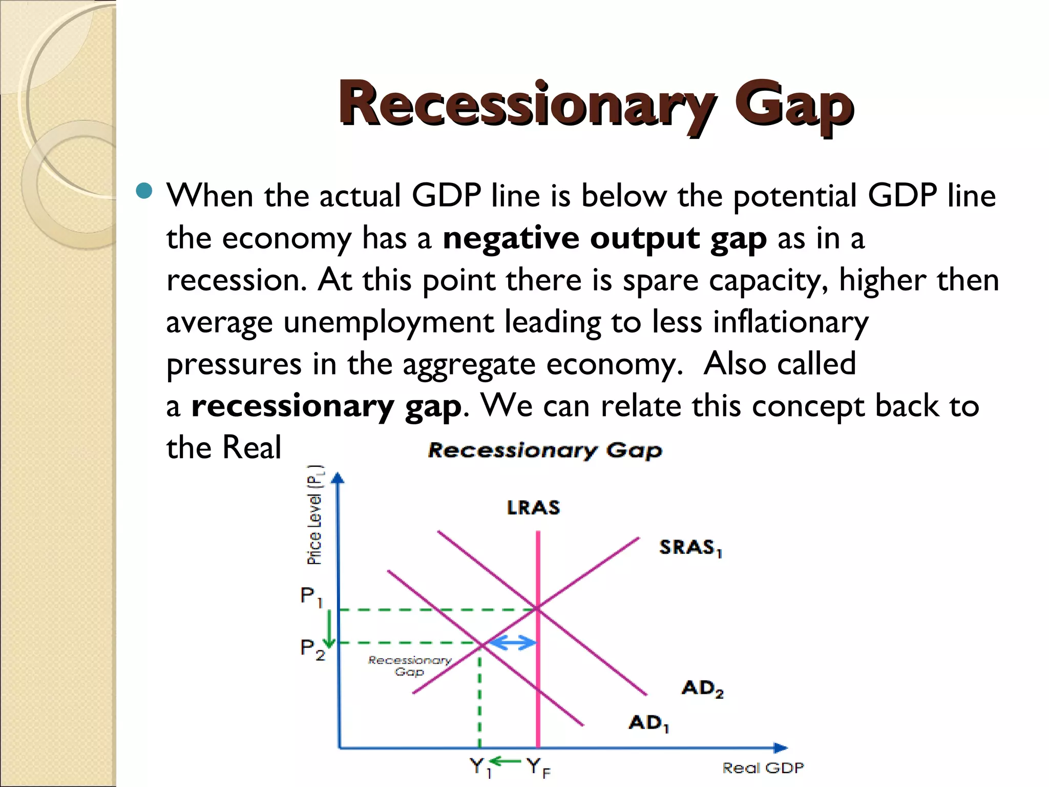Recessionary GapRecessionary Gap
 When the actual GDP line is below the potential GDP line
the economy has a negative output gap as in a
recession. At this point there is spare capacity, higher then
average unemployment leading to less inflationary
pressures in the aggregate economy.  Also called
a recessionary gap. We can relate this concept back to
the Real GDP data
 