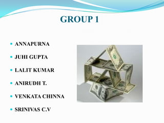 GROUP 1
 ANNAPURNA
 JUHI GUPTA

 LALIT KUMAR
 ANIRUDH T.
 VENKATA CHINNA
 SRINIVAS C.V

 