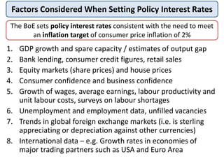 Factors Considered When Setting Policy Interest Rates
The BoE sets policy interest rates consistent with the need to meet
an inflation target of consumer price inflation of 2%
1. GDP growth and spare capacity / estimates of output gap
2. Bank lending, consumer credit figures, retail sales
3. Equity markets (share prices) and house prices
4. Consumer confidence and business confidence
5. Growth of wages, average earnings, labour productivity and
unit labour costs, surveys on labour shortages
6. Unemployment and employment data, unfilled vacancies
7. Trends in global foreign exchange markets (i.e. is sterling
appreciating or depreciation against other currencies)
8. International data – e.g. Growth rates in economies of
major trading partners such as USA and Euro Area
 