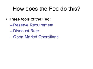 How does the Fed do this?
• Three tools of the Fed:
–Reserve Requirement
–Discount Rate
–Open-Market Operations
 