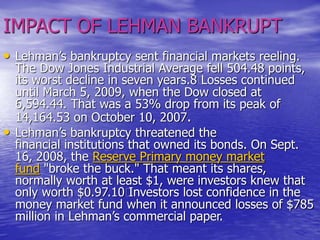 IMPACT OF LEHMAN BANKRUPT
• Lehman’s bankruptcy sent financial markets reeling.
The Dow Jones Industrial Average fell 504.48 points,
its worst decline in seven years.8﻿
Losses continued
until March 5, 2009, when the Dow closed at
6,594.44. That was a 53% drop from its peak of
14,164.53 on October 10, 2007.
• Lehman’s bankruptcy threatened the
financial institutions that owned its bonds. On Sept.
16, 2008, the Reserve Primary money market
fund "broke the buck." That meant its shares,
normally worth at least $1, were investors knew that
only worth $0.97.10﻿
Investors lost confidence in the
money market fund when it announced losses of $785
million in Lehman’s commercial paper.
 