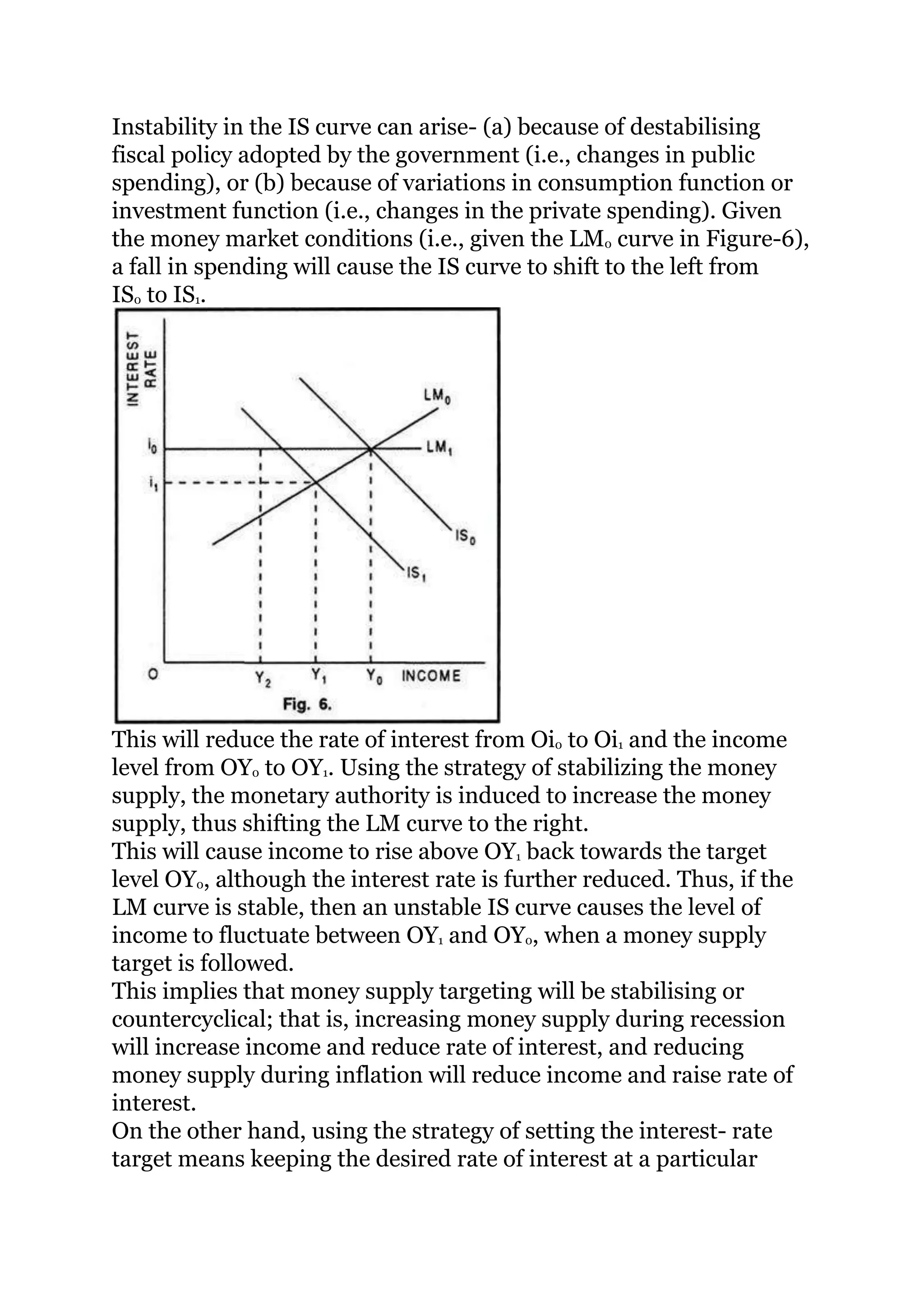 Instability in the IS curve can arise- (a) because of destabilising
fiscal policy adopted by the government (i.e., changes in public
spending), or (b) because of variations in consumption function or
investment function (i.e., changes in the private spending). Given
the money market conditions (i.e., given the LM0 curve in Figure-6),
a fall in spending will cause the IS curve to shift to the left from
IS0 to IS1.
This will reduce the rate of interest from Oi0 to Oi1 and the income
level from OY0 to OY1. Using the strategy of stabilizing the money
supply, the monetary authority is induced to increase the money
supply, thus shifting the LM curve to the right.
This will cause income to rise above OY1 back towards the target
level OY0, although the interest rate is further reduced. Thus, if the
LM curve is stable, then an unstable IS curve causes the level of
income to fluctuate between OY1 and OY0, when a money supply
target is followed.
This implies that money supply targeting will be stabilising or
countercyclical; that is, increasing money supply during recession
will increase income and reduce rate of interest, and reducing
money supply during inflation will reduce income and raise rate of
interest.
On the other hand, using the strategy of setting the interest- rate
target means keeping the desired rate of interest at a particular
 