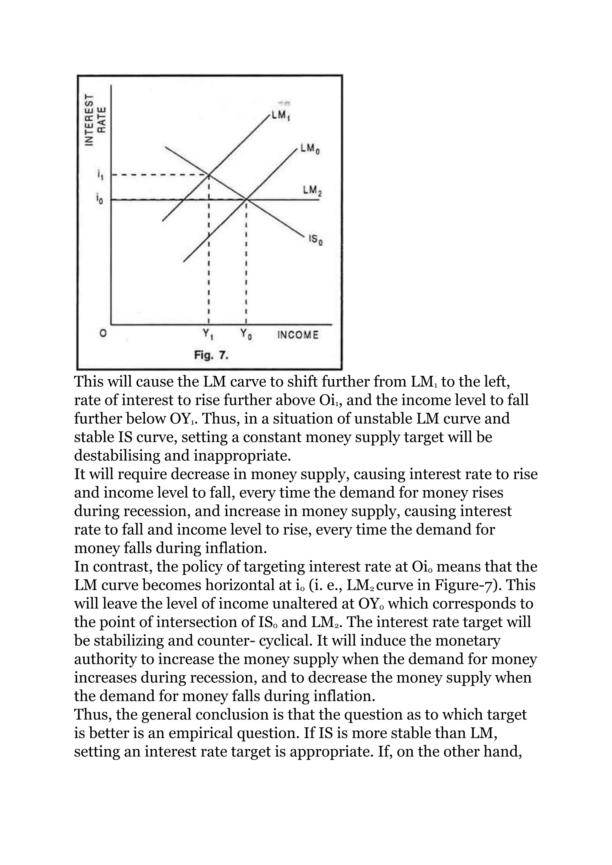 This will cause the LM carve to shift further from LM1 to the left,
rate of interest to rise further above Oi1, and the income level to fall
further below OY1. Thus, in a situation of unstable LM curve and
stable IS curve, setting a constant money supply target will be
destabilising and inappropriate.
It will require decrease in money supply, causing interest rate to rise
and income level to fall, every time the demand for money rises
during recession, and increase in money supply, causing interest
rate to fall and income level to rise, every time the demand for
money falls during inflation.
In contrast, the policy of targeting interest rate at Oi0 means that the
LM curve becomes horizontal at i0 (i. e., LM2 curve in Figure-7). This
will leave the level of income unaltered at OY0 which corresponds to
the point of intersection of IS0 and LM2. The interest rate target will
be stabilizing and counter- cyclical. It will induce the monetary
authority to increase the money supply when the demand for money
increases during recession, and to decrease the money supply when
the demand for money falls during inflation.
Thus, the general conclusion is that the question as to which target
is better is an empirical question. If IS is more stable than LM,
setting an interest rate target is appropriate. If, on the other hand,
 