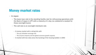 Money market rates
• In Japan
• The basic loan rate is the standing facility rate for refinancing operations with
the Bank of Japan in JPY with a maturity of 1 day (no collateral is needed for
these overnight loans)
• The call rate is an overnight interbank rate
• A money market with a string link with
• The yen/US-dollar exchange rate
• The oil price (imports) and the global economic growth (exports)
• A market with low rates since the bursting of the housing bubble in 1993
 