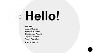 Hello!
We are,
Aman Kumar
Deepak Kumar
Himanshu Anand
Jayati Chaube
Yash Paunikar
Rachit Vohra
2
 