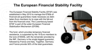 The European Financial Stability Facility
￮ The European Financial Stability Facility (EFSF) was
established in May 2010 to manage the €780b of
financial aid guarantees made necessary as debt-
laden Euro members try to cope with the fall-out
from the financial crisis. The Luxembourg based
EFSF is part of the wider European Financial
Stabilization Mechanism (EFSM).
￮ The fund, which provides temporary financial
assistance, is supported by the 19 Euro members to
the tune of €500b, with the remainder provided by
the IMF. Germany is the single biggest guarantor,
followed by France and Italy. Together, Germany
and France provide 50% of the total guarantees.
23
 