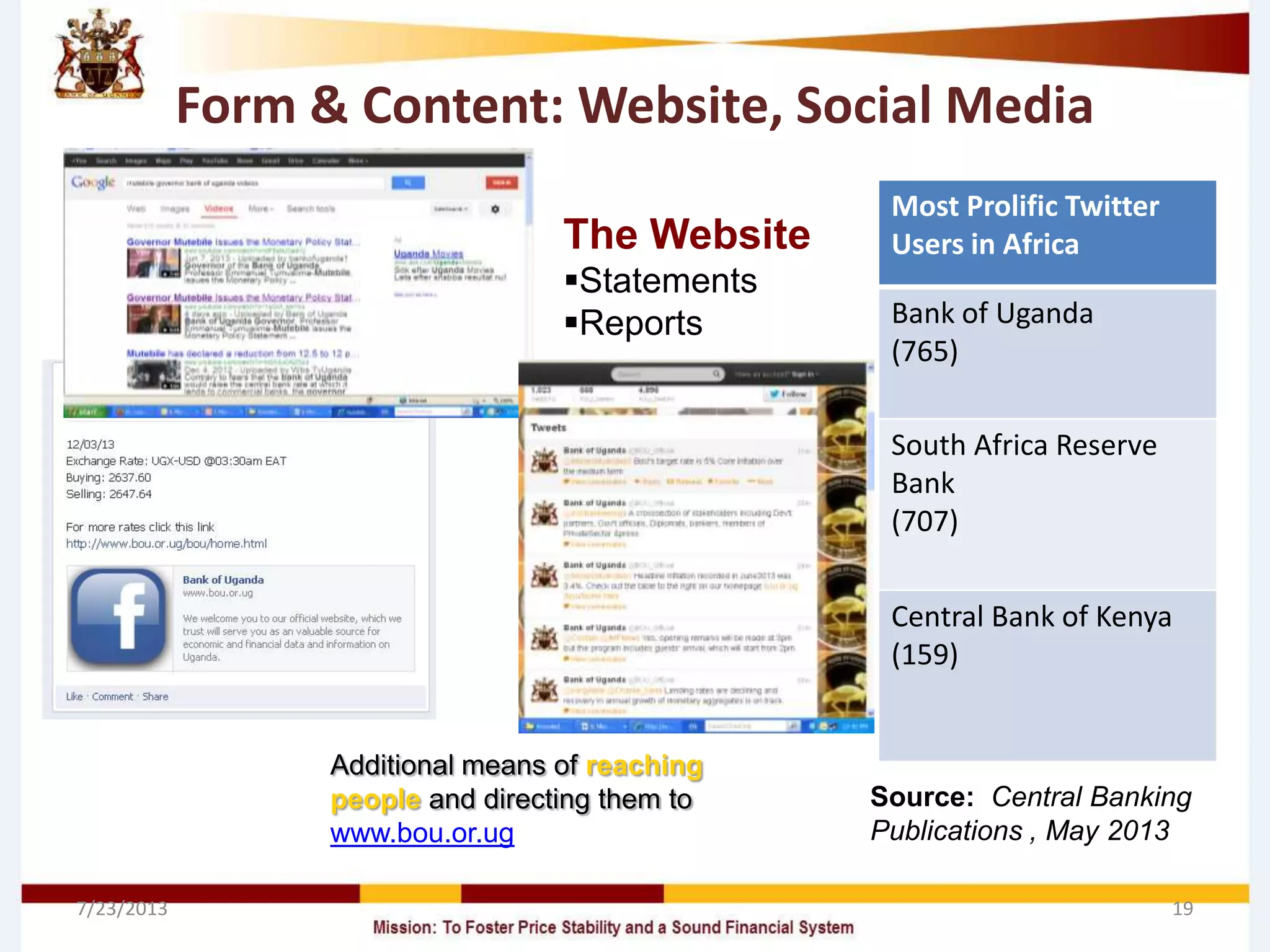 Form & Content: Website, Social Media
7/23/2013 19
Most Prolific Twitter
Users in Africa
Bank of Uganda
(765)
South Africa Reserve
Bank
(707)
Central Bank of Kenya
(159)
Source: Central Banking
Publications , May 2013
Additional means of reaching
people and directing them to
www.bou.or.ug
The Website
Statements
Reports
 