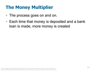 © 2012 Cengage Learning. All Rights Reserved. May not be copied, scanned, or duplicated, in whole or in part, except for use as
permitted in a license distributed with a certain product or service or otherwise on a password-protected website for classroom use.
29
29
The Money Multiplier
 The process goes on and on.
 Each time that money is deposited and a bank
loan is made, more money is created
 