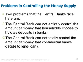 © 2012 Cengage Learning. All Rights Reserved. May not be copied, scanned, or duplicated, in whole or in part, except for use as
permitted in a license distributed with a certain product or service or otherwise on a password-protected website for classroom use.
35
35
Problems in Controlling the Money Supply
 Two problems that the Central Banks face
here are:
The Central Bank can not entirely control the
amount of money that households choose to
hold as deposits in banks.
The Central Bank can not totally control the
amount of money that commercial banks
decide to lend(loan).
 