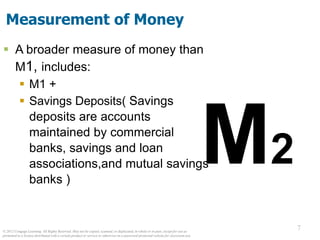 © 2012 Cengage Learning. All Rights Reserved. May not be copied, scanned, or duplicated, in whole or in part, except for use as
permitted in a license distributed with a certain product or service or otherwise on a password-protected website for classroom use.
7
Measurement of Money
 A broader measure of money than
M1, includes:
 M1 +
 Savings Deposits( Savings
deposits are accounts
maintained by commercial
banks, savings and loan
associations,and mutual savings
banks )
M2
 