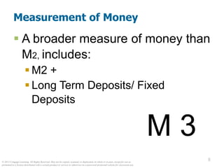 © 2012 Cengage Learning. All Rights Reserved. May not be copied, scanned, or duplicated, in whole or in part, except for use as
permitted in a license distributed with a certain product or service or otherwise on a password-protected website for classroom use.
8
8
Measurement of Money
 A broader measure of money than
M2, includes:
 M2 +
 Long Term Deposits/ Fixed
Deposits
M 3
 