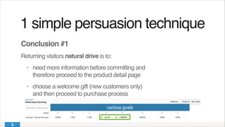 1 simple persuasion technique!
Conclusion #1!
Returning visitors natural drive is to:!
• need more information before committing and
therefore proceed to the product detail page!
• choose a welcome gift (new customers only)
and then proceed to purchase process
various goals
 