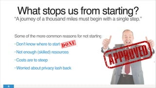 What stops us from starting?!
“Ajourney of a thousand miles must begin with a single step.”!
Some of the more common reasons for not starting:!
• Don’t know where to start!
• Not enough (skilled) resources!
• Costs are to steep!
• Worried about privacy lash back
 