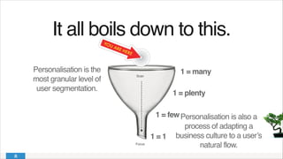 It all boils down to this.!
Scan
Focus
1 = many
1 = few
1 = 1
1 = plenty
Personalisation is the
most granular level of
user segmentation.
Personalisation is also a
process of adapting a
business culture to a user’s
natural flow.
 