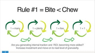 Rule #1 = Bite < Chew!
1 = many 1 = few 1 = 11 = plenty
Are you generating internal traction and ROI, becoming more skilled? 
Increase investment and move on to next level of granularity.
 
