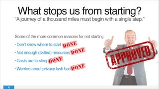 Some of the more common reasons for not starting:!
• Don’t know where to start!
• Not enough (skilled) resources!
• Costs are to steep!
• Worried about privacy lash back
What stops us from starting?!
“Ajourney of a thousand miles must begin with a single step.”!
 