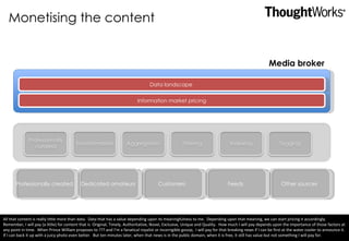 Monetising the content Professionally created Dedicated amateurs Customers Feeds Other sources Media broker All that content is really little more than data.  Data that has a value depending upon its meaningfulness to me.  Depending upon that meaning, we can start pricing it accordingly.  Remember, I will pay (a little) for content that is  Original, Timely, Authoritative, Novel, Exclusive, Unique and Quality.  How much I will pay depends upon the importance of those factors at any point in time.  When Prince William proposes to ??? and I’m a fanatical royalist or incorrigible gossip,  I will pay for that breaking news if I can be first at the water cooler to announce it.  If I can back it up with a juicy photo even better.  But ten minutes later, when that news is in the public domain, when it is free, it still has value but not something I will pay for. Information market pricing Data landscape  