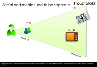 Social and media used to be separate Personal Impersonal Free Pay Once upon a time, not long ago, people consumed media that was broadcast to them and they would pay for it.  Social interactions were face to face and completely separate 
