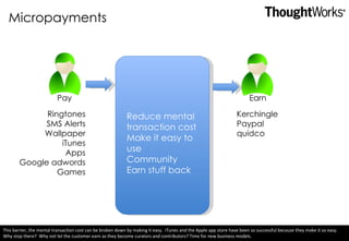 Micropayments Ringtones SMS Alerts Wallpaper iTunes Apps Google adwords Games Reduce mental transaction cost Make it easy to use Community  Earn stuff back  Pay Earn Kerchingle P aypal quidco This barrier, the mental transaction cost can be broken down by making it easy.  iTunes and the Apple app store have been so successful because they make it so easy.  Why stop there?  Why not let the customer earn as they become curators and contributors? Time for new business models. 