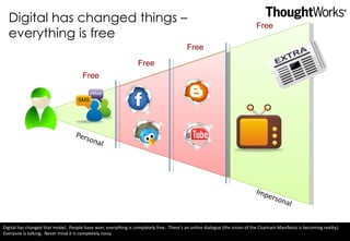 Digital has changed things  –  everything is free Personal Impersonal SMS eMail Free Free Free Free Digital has changed that model.  People have won; everything is completely free.  There’s an online dialogue (the vision of the Cluetrain Manifesto is becoming reality). Everyone is talking.  Never mind it is completely noisy 