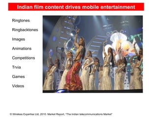 Indian film content drives mobile entertainment Sources : TRAI, Federation of Indian Chambers of Commerce and Industry (FICCI)  Sources : TRAI, Federation of Indian Chambers of Commerce and Industry (FICCI)  Note*:  Total does not match due to rounding-off Note*:  Total does not match due to rounding-off Ringtones Ringbacktones Images Animations Competitions Trvia Games Videos 