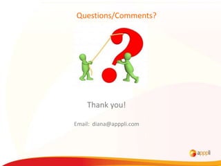 Questions/Comments?




    Thank you!

Email: diana@apppli.com
 