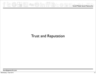 Social Media Social Networks




                          Trust and Reputation




    laurelpapworth.com
Wednesday, 7 April 2010                                                         14
 