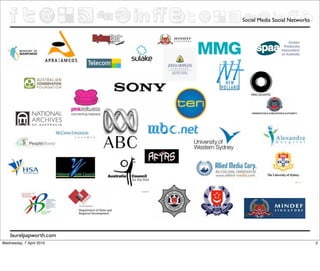 Social Media Social Networks




    laurelpapworth.com
Wednesday, 7 April 2010                                  2
 