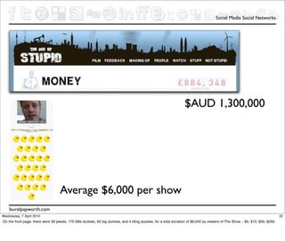 Social Media Social Networks




                                                                                                                   $AUD 1,300,000




                                    Average $6,000 per show
    laurelpapworth.com
Wednesday, 7 April 2010                                                                                                                                                         32
On the front page, there were 39 jewels, 170 little duckies, 63 big duckies, and 4 bling duckies, for a total donation of $6,045 by viewers of The Show. - $5, $10, $50, $250
 
