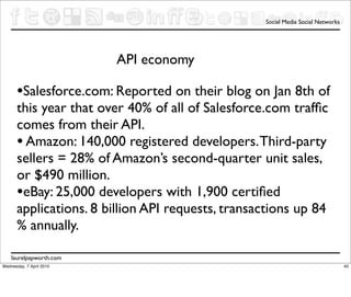 Social Media Social Networks




                          API economy

       •Salesforce.com: Reported on their blog on Jan 8th of
       this year that over 40% of all of Salesforce.com trafﬁc
       comes from their API.
       • Amazon: 140,000 registered developers. Third-party
       sellers = 28% of Amazon’s second-quarter unit sales,
       or $490 million.
       •eBay: 25,000 developers with 1,900 certiﬁed
       applications. 8 billion API requests, transactions up 84
       % annually.

    laurelpapworth.com
Wednesday, 7 April 2010                                                           40
 