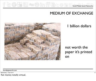 Social Media Social Networks



                             MEDIUM OF EXCHANGE

        ScrapeTV
                                    1 billion dollars




                                   not worth the
                                   paper it’s printed
                                   on


    laurelpapworth.com
Wednesday, 7 April 2010                                                8

ﬁat money totally virtual.
 
